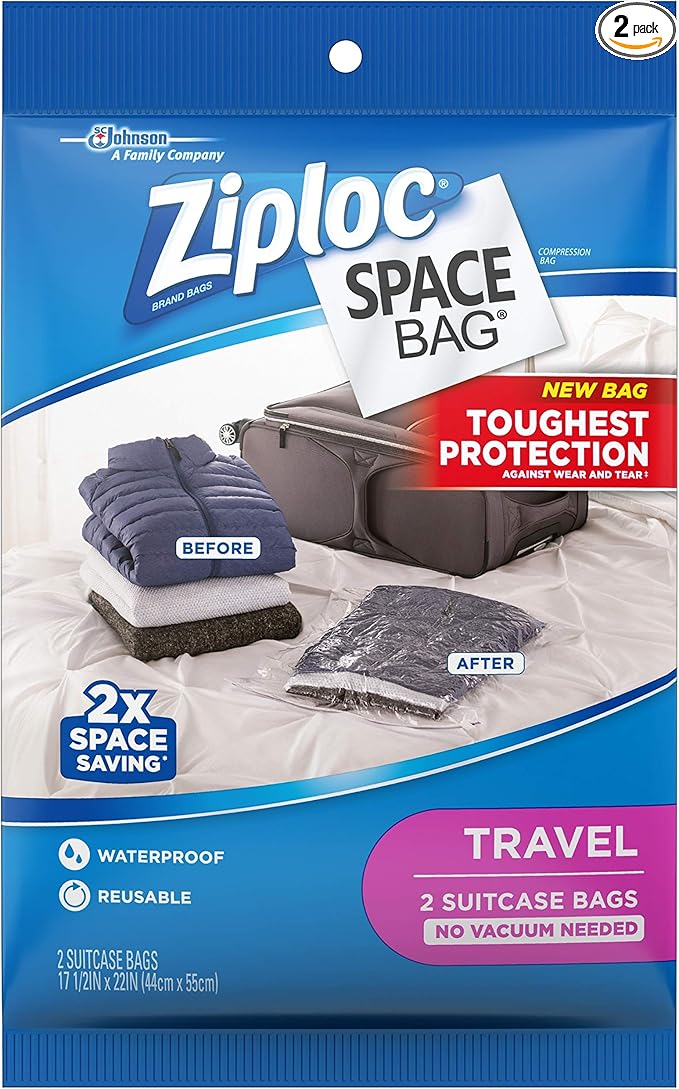 Ziploc Space Bag Clothes Vacuum Sealer Storage Bags for Home and Closet Organization, Travel, 2 Bags Total