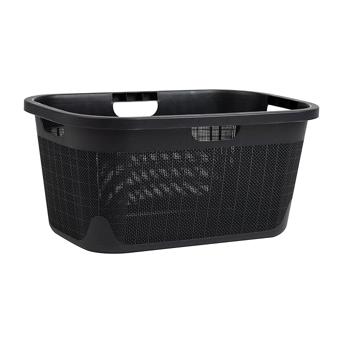 Mind Reader 40L Laundry Basket, Linen Design Clothes Hamper, Plastic Storage Bin with Handles, Black