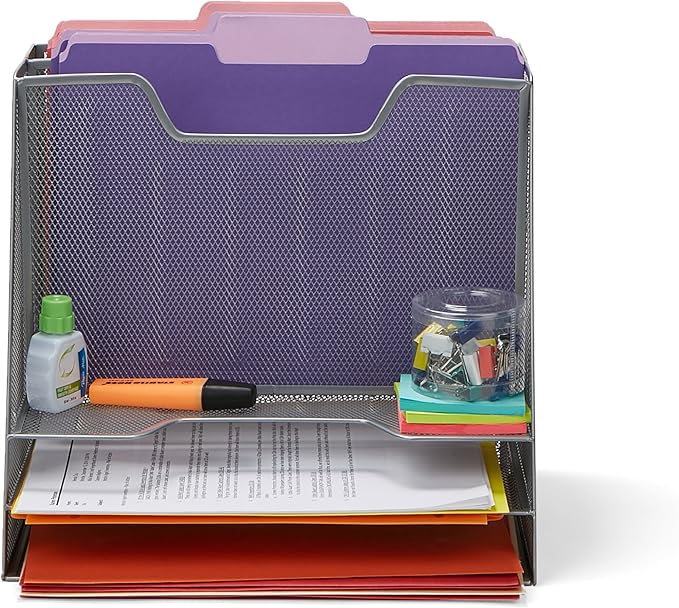 Mind Reader Metal Mesh Desktop File Organizer, 3-Tier Paper Tray with 5 Compartments, Office Mail Sorter, Silver
