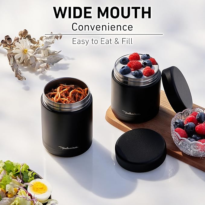 Stainless Steel Insulated Food Jar Set of 2 (16oz + 12oz) | Wide Mouth | Soup Thermo for Hot Food Lunch Container | Thermal LunchBox | Insulated Soup Bowl | Hot and Cold Lunch Box for Adults | Black