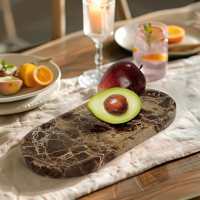 Genuine Real Natural Marble Tray for Bathroom, Luxury Dark Brown Stone Vanity Tray, Decorative Oval Trays for Countertop Storage, Vanity, Dresser, Kitchen, Home Decor, 11.8" x 6", Brown