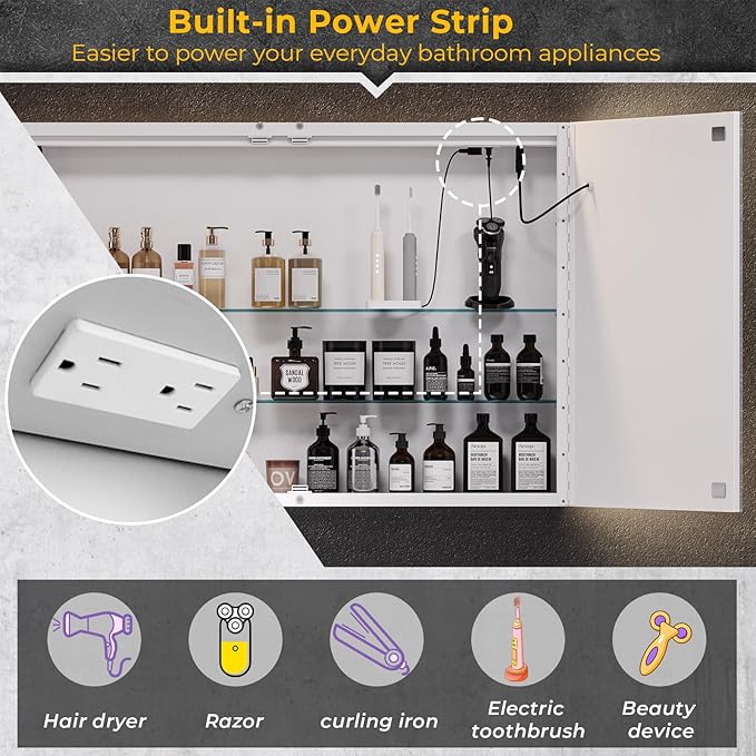 Hasuit Lighted Medicine Cabinet with Mirror, Wall Mounted Bathroom Mirror with Storage, 2 Doors Bathroom Wall Cabinet with LED Lights, 35.4'' x 23.6''