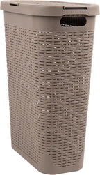 Mind Reader Slim Laundry Hamper with Lid, 40L Clothes Basket, Premium Wicker Design, Plastic, Tan
