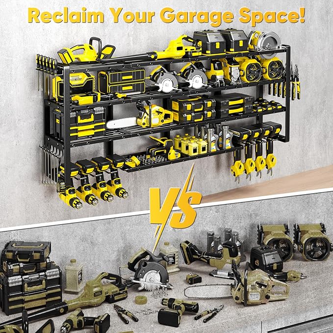Extra Large 64" W Power Tool Organizer Wall Mount, Load 1000 lbs, Heavy Duty 4 Tier Garage Storage Rack with 8 Drill Holders, 2 in 1 Corner or Straight Installation