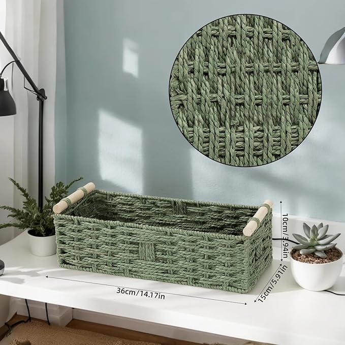Toilet Paper Storage Basket，Decorative Small Wicker Baskets with Wooden Handles,Green Paper Rope Storage Basket for Bathroom Decor,Toilet Tank Shelf,Countertop Organizer
