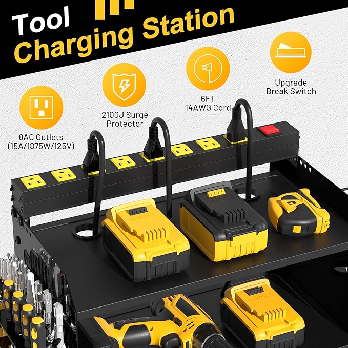 Power Tool Organizer Wall Mount with Charging Station-Heavy Duty Modular System with 4 Drill Holder,8-Outlet Power Strip,3 Shelves,Battery Racks,Hooks & Cord Management for Garage Workshop