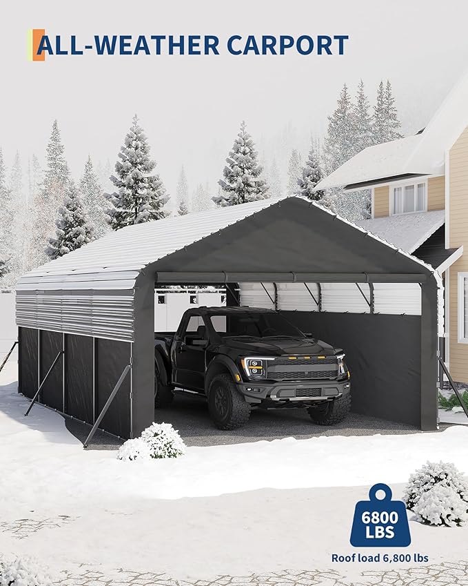 Garvee 12x20x9 ft Metal Carport Enclosed, Car Ports with Heavy Duty 220 g Tarp Gable End Doors and Sidewalls, All-Weather Carport for Full-Size Pickup Trucks, Bass Boats, and Tractors