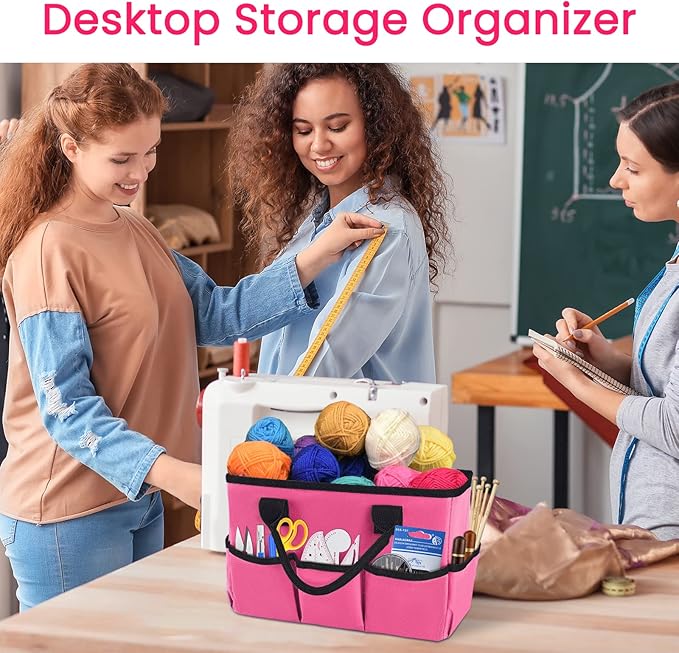 Godery Desktop Tote and Organizer, Teacher Helper caddy Bag for Arts, Books, Stationery, Office Desk Organization, Make-up Storage with Handles for Travel (PINK)