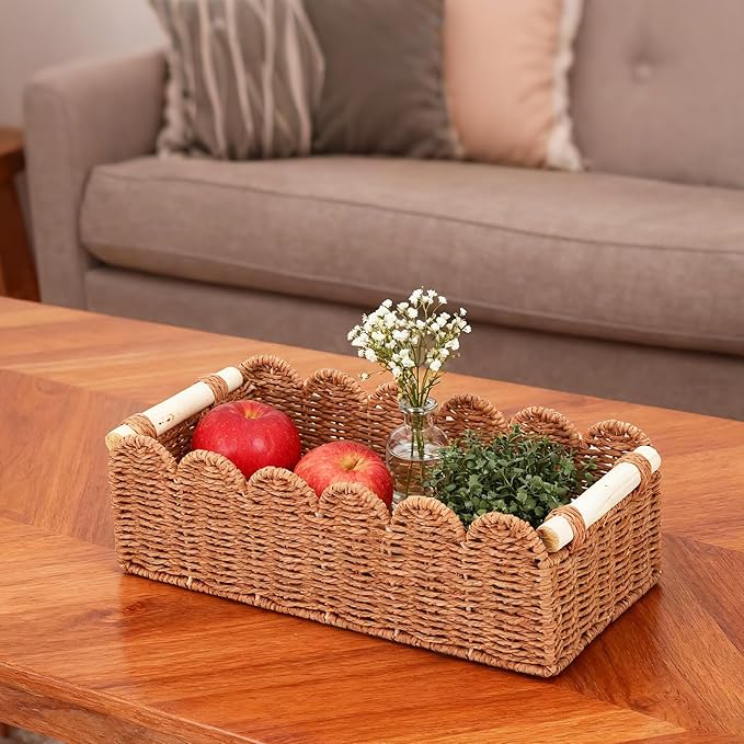 Garvee 2-Pack Scalloped Wicker Baskets for Organizing, Woven Paper Rope Storage Bins with Handles, Toilet Paper Basket Decorative for Countertop, Shelf, Bathroom, Tank Top