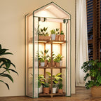 Bamworld Mini Greenhouse with Grow Light Plant Stand for Mutiple Pots Outdoor 3-Tierd Reusable Portable Warm House with PE Cover Compact Patio Boho Home Decor