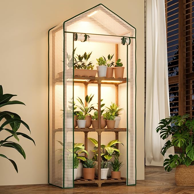Bamworld Mini Greenhouse with Grow Light Plant Stand for Mutiple Pots Outdoor 3-Tierd Reusable Portable Warm House with PE Cover Compact Patio Boho Home Decor