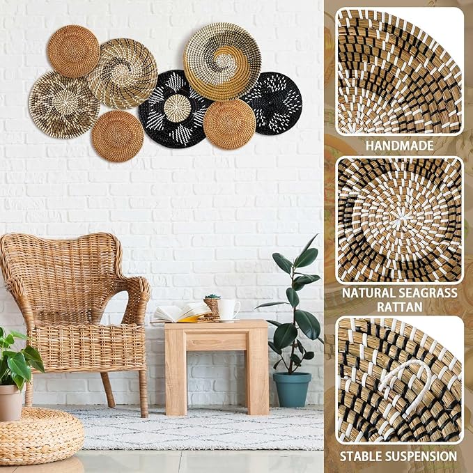 Xuhal 8 Pcs Boho Wall Basket Decor Decorative Bulrush Woven Basket Wall Decor Rustic Farmhouse Hanging Baskets for Kitchen Rustic Home Summer Decorations(Vintage)