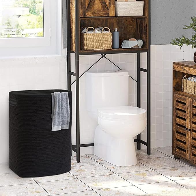 Large Laundry Hamper 16"x13"x22" - Tall Woven Laundry Basket, Cotton Rope Dirty Clothes Hamper, Baby Kids Nursery Wicker Laundry Basket, Bedroom Aesthetic, Soft Laundry Bin, Black Hamper, 75L
