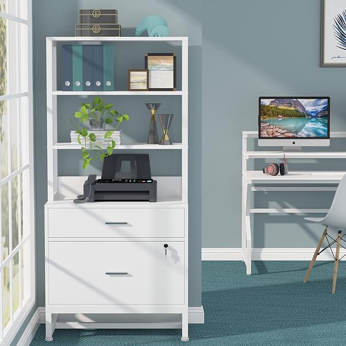 Tribesigns 2 Drawer Vertical File Cabinet with Lock & Bookshelf (Set of 2), Letter Size Large Modern Filing Cabinet Printer Stand with Open Storage Shelves for Home Office, White