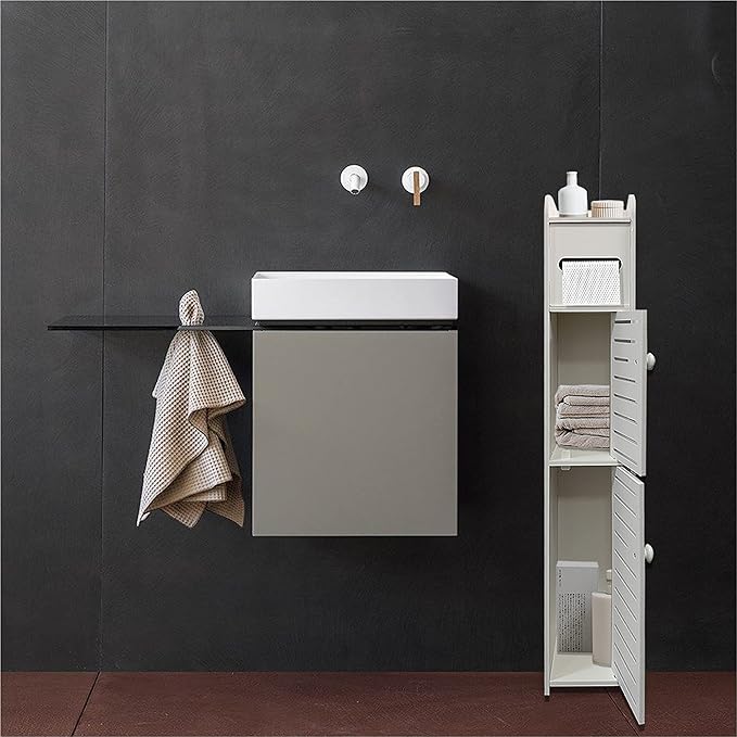 Small Bathroom Storage Cabinet, Slim Toilet Paper Organizer with 2 Doors & Shelves, Over Toilet Storage Cabinet for Skinny Bathroom Space Corner - White