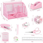Pink Office Desk Accessories Supplies, 12pcs Desk Organizers and Accessories with Tape dispenser and Stapler,Staples,Staple Remover,Pen Holder,Scissor,Ruler,Sticky Tabs,Tape,Ballpoint Pen,Clips Set