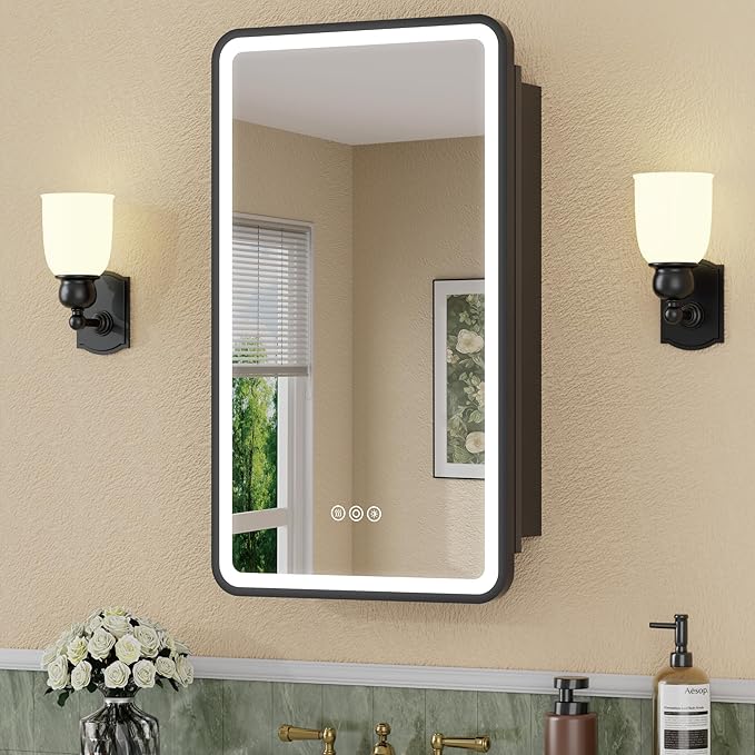 16 x 28 Inch LED Medicine Cabinet with Mirror, UL Certified Dimmable Lighted Bathroom Mirror Cabinet, Anti-Fog & Memory Function, 3 Color Modes, Recessed or Wall Mounted, Adjustable Shelf, Black