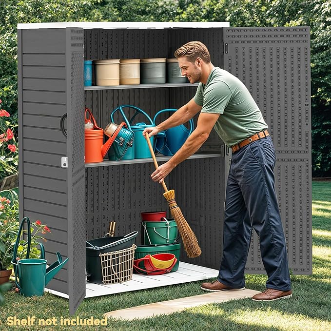 DWVO 59 Cu. Ft. Vertical Storage Shed, Weatherproof Outdoor Tall Cabinet with Double-Wall Panels and Floor, Lockable Resin Shed for Garden, Garage, Patio, Dark Gray (Shelves Not Included)