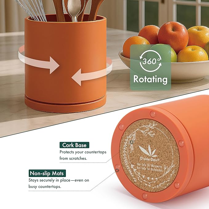 D'vine Dev 360° Rotating Utensil Holder – 7.2" Kitchen Utensil Crock for Countertop, Modern Cooking Tool Organizer for Kitchen Storage & Décor, Pumpkin, 72-X-E-2