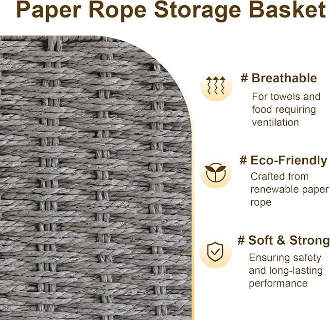 2 Pack Woven Toilet Paper Storage Baskets for Organizing with Wooden Handles, Toilet Paper Basket for Back of Toilet Top, Toilet Tank Topper Tray, Decorative Bathroom Basket Organizer for Shelves,Gray