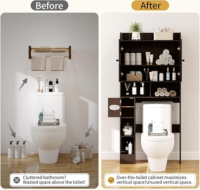 Over the Toilet Storage Cabinet, 32.3” W Farmhouse Bathroom Storage Cabinet Above Toilet with Toilet Paper Holder and Barn Doors, Freestanding Restroom Organizer Space Saving Rack, Rustic Brown