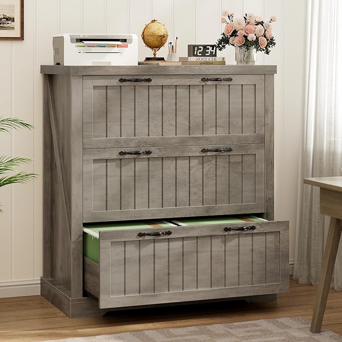 SEDETA File Cabinet for Home Office, Farmhouse 3 Drawer Filing Cabinet, Wood Office File Cabinets for Letter/Legal/A4 Size, Lateral File Cabinets with Printer Stand, Grey