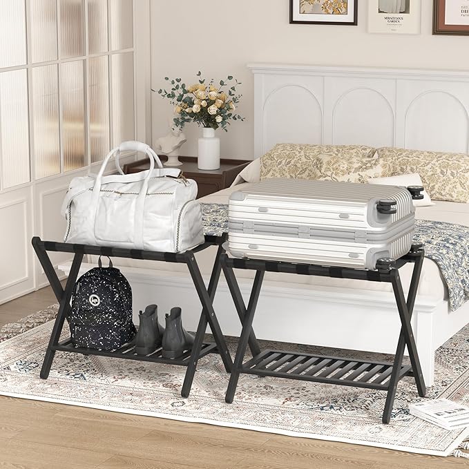 Luggage Racks Suitcase Stand Foldable With Storage Shelf For Guest Room Hotel Essentials Solid Bamboo Heavy-Duty Item Holder Black