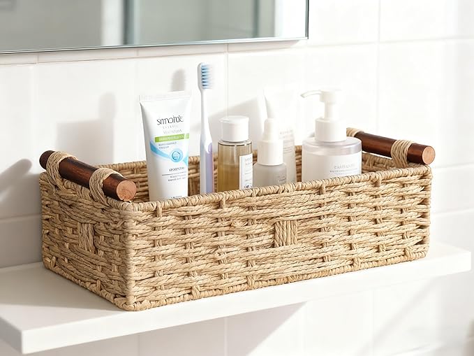 Back of Toilet Basket with Wood Handles, Khaki Wicker Toilet Paper Basket for Toilet Tank Top, Narrow Toilet Tank Basket, Bathroom Basket Organizer for Wipes & Essentials