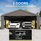 Outsunny 20' x 20' Heavy Duty Carport, Portable Garage Car Canopy Tent with Reinforced Galvanized Frame, 3 Roll-up Doors, 4 Mesh Windows for Cars, Trucks, Boats, Motorcycle, Bike, Dark Gray