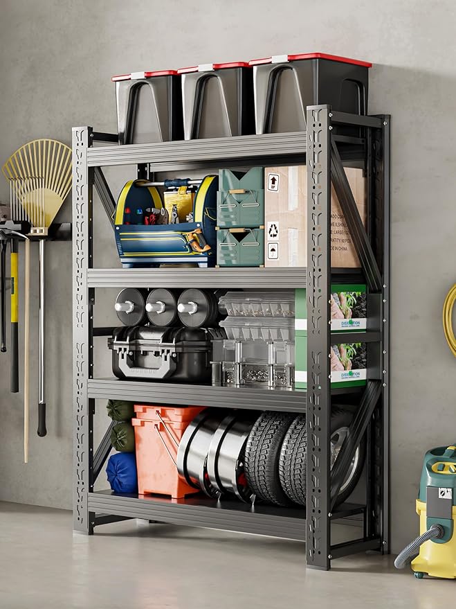 4-Tier Storage Shelves,79" H Heavy-Duty Garage Shelving Unit,Adjustable Industrial Metal Shelf System,4,000lbs Capacity,Tool Organizer for Garage,Workshop,48" W*24" D*79" H,Black