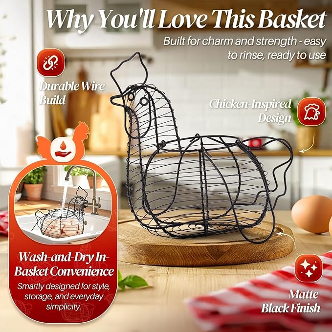 Flexzion Chicken Egg Holder, Black, Rectangular Wire Basket with Handle for Eggs, Fruits, Vegetables, Countertop, Farmhouse Rustic Style