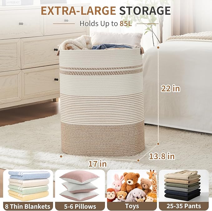 Laundry Basket with Handles - Blanket Basket & Hampers for Bedroom Aesthetic, Laundry Hamper & Blanket Storage for Living Room, Clothes Hamper, Tall, Large 17" x 14" x 22”, Light Brown & White