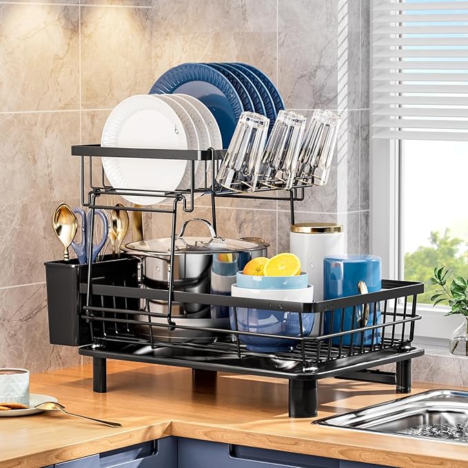 Dish Drying Rack, Stainless Steel-Dish Rack, Dish Racks for Kitchen Counter, Kitchen Dish Drainers with Removable Utensil Holder,New Drain Outlet,Plate Rack and Drainboard (Black 3)