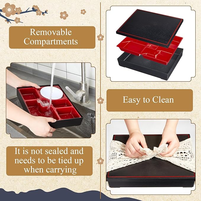 2 Pcs 12 x 9.5 x 2.2 Inch Japanese Lunch Box 6 Compartments and Bowl Divided Bento Box with Greaseproof Adult Japanese Bento Lunch Container Sushi Home Restaurant