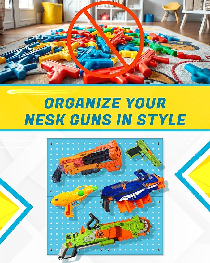 Skywin Wooden Peg Board for Nerf Gun with Target Bag 13 x 0.32 x 13 Inches - Hanging Holder Compatible with All Blasters Nerf Gun Rack Organizer for Wall Organization (Blue)