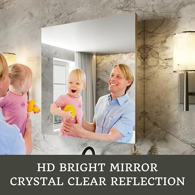 24x26 Bathroom Medicine Cabinet with Mirror,Aluminum Alloy Frame with Mirror Side Panels,Surface or Recessed Medicine Cabinet,Assembly Required,Adjustable Shelves