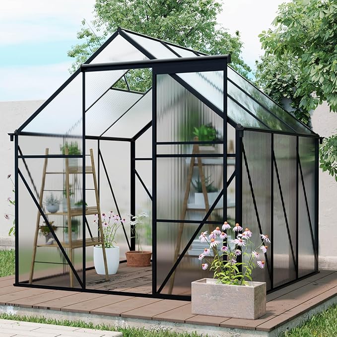 6x10 FT Heavy-Duty Greenhouse with Adjustable Roof Vent and Polycarbonate Panels - Walk-in Aluminum Frame Greenhouse for Backyard, Winter - All-Weather Outdoor Garden, Easy Assembly, Black (6x10 FT)