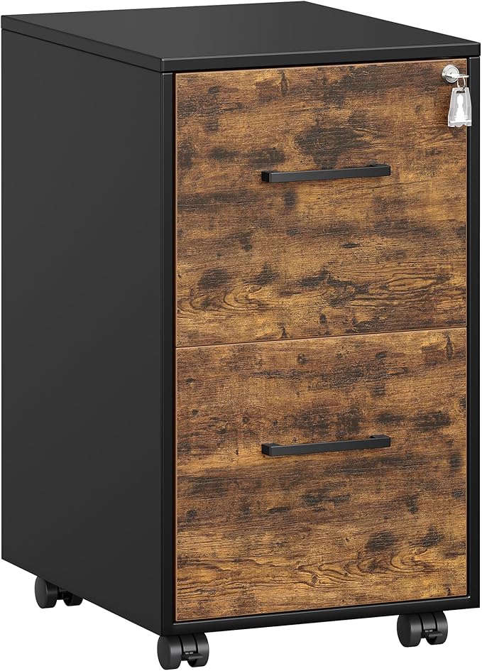 SONGMICS File Cabinet, Pre-Assembled Except Wheels and Handles, Office Filing Cabinet with Lock, for A4, Legal, Letter Sized Documents, 17.7 x 14.4 x 25.4 Inches, Rustic Brown and Black UOFC112B02