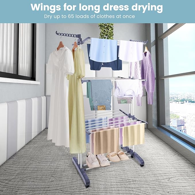Clothes Drying Rack Foldable Drying Rack Clothing,Oversize 4 Tier(70" High) Clothes Horses Stainless Steel Laundry Drying Rack with Collapse Base& 24 Poles for Clothing&Bed Linen,Gray