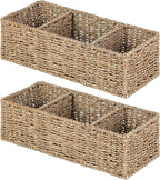 Wicker Toilet Basket Tank Topper Wicker Small Baskets, Wicker Storage Basket Toilet Paper Basket for Toilet Tank Top Seagrass Storage Basket, Bathroom Basket for Shelves with 3-Section, 2 Pack