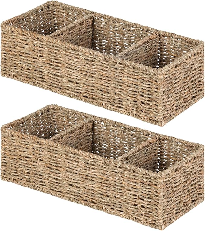 Wicker Toilet Basket Tank Topper Wicker Small Baskets, Wicker Storage Basket Toilet Paper Basket for Toilet Tank Top Seagrass Storage Basket, Bathroom Basket for Shelves with 3-Section, 2 Pack