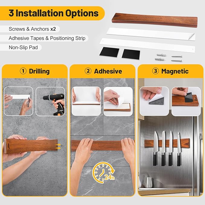 16 Inch Magnetic Knife Holder for Wall, Solid Acacia Wood Knife Magnetic Strip for Fridge, No Drill Wall Mount Knife Magnet Tool Bar, Wooden Knives Rack Block for Kitchen Utensil Organizer RV Storage