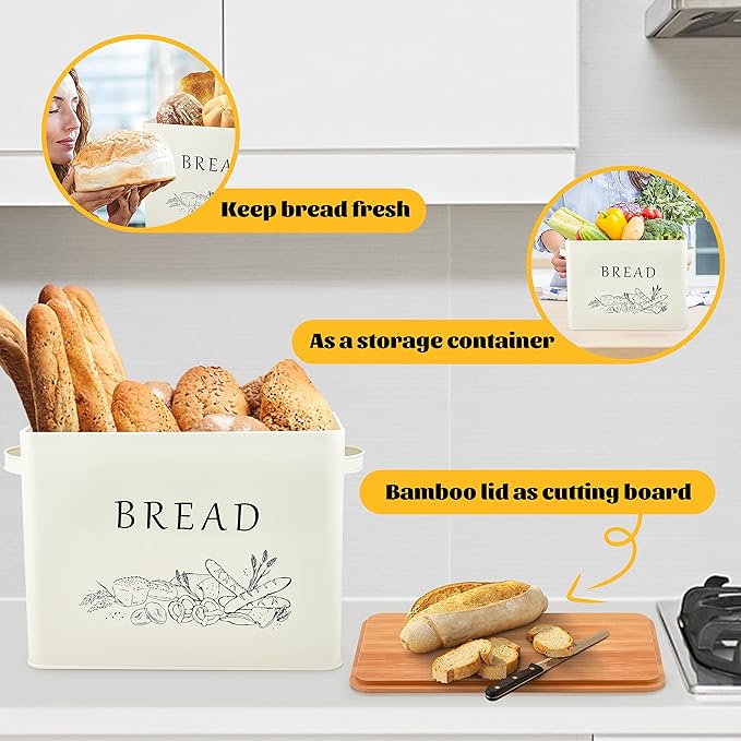 E-far Bread Box for Kitchen Countertop, Metal Bread Storage Container Bin with Bamboo Lid for Cutting Bread, Extra Large & Farmhouse Style, 13” x 7.2” x9.8”, Cream