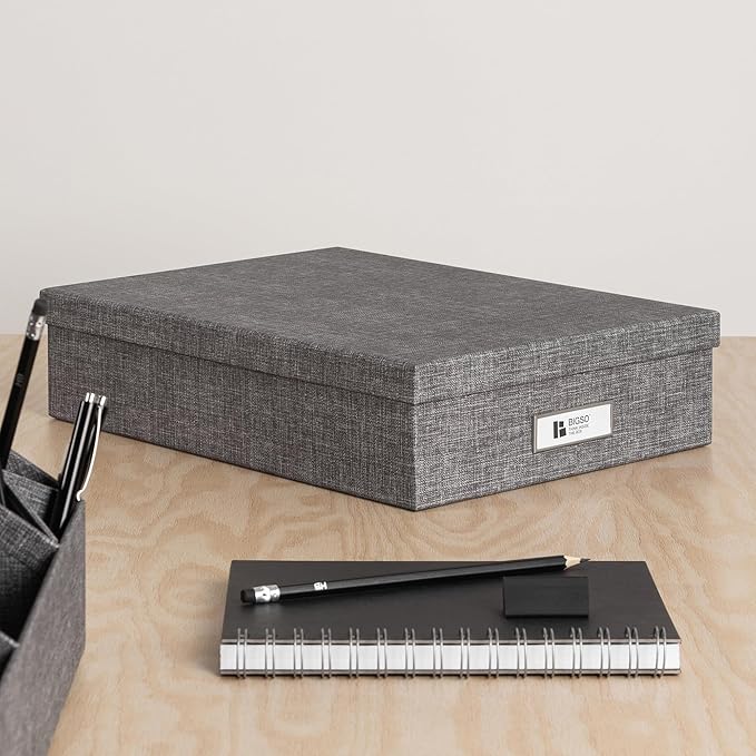 Bigso Oskar Canvas Fiberboard Document Letter Box for Important Paperwork A4 or Letter Size - Durable Keepsake Box with Lid and Metal Label Holder - 3.3in x 10.2in x 13.8in - Melange Grey