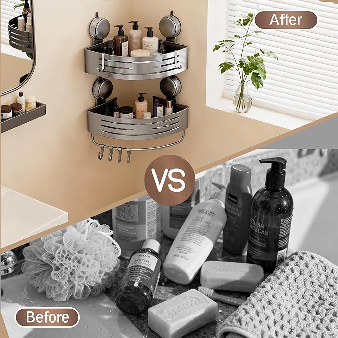 Corner Shower Caddy Bathroom Organizer,2-Packed Gray No-Drilling Aluminum Suction Cup Corner Shower Shelf with Towel Bar and Hooks,Moder Wall Shower Organizer and Storage Decor