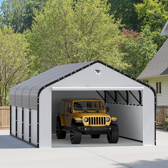 12x20 Metal Carport, Heavy Duty 2-Car Carport Canopy, CarPorts with Removable Polyethylene Sidewalls, Galvanized Steel Roof Car Tent Garage
