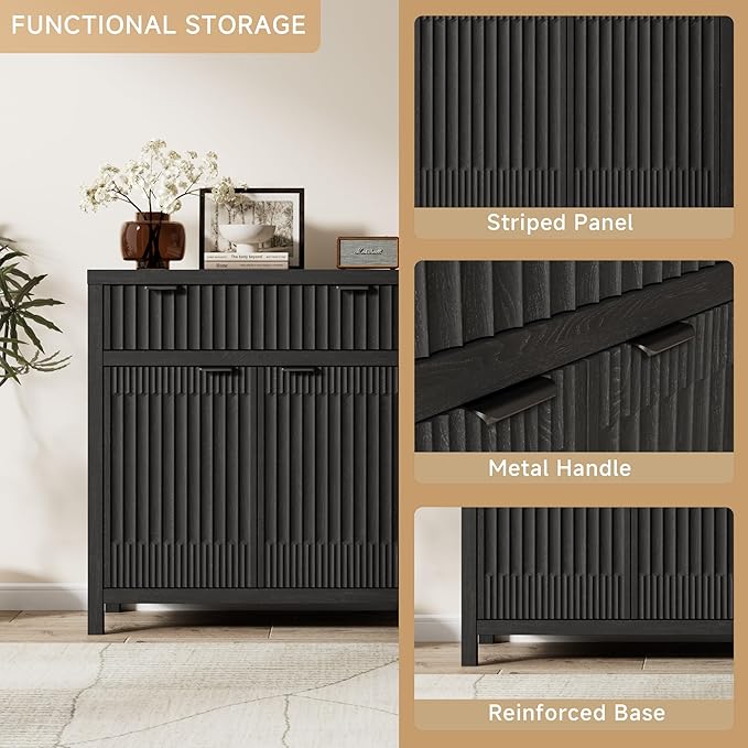 FLOWBACK 64'' Sideboard Buffet Cabinet with Large Storage,Black Fluted Credenza Coffee Bar Storage Cabinet with Drawer and Door, Modern Console Cabinets for Kitchen, Living Room, Entryway,2 PCS