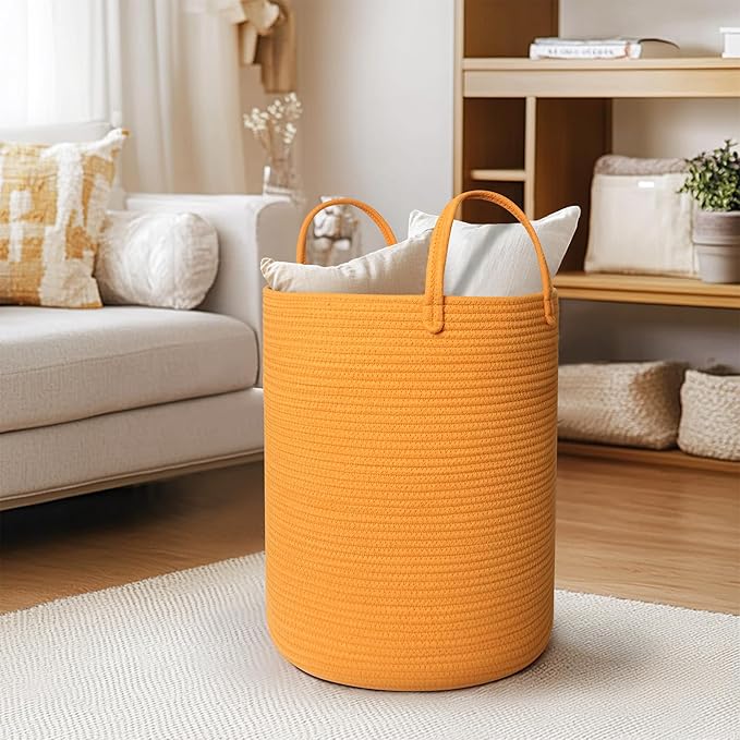Large Orange Laundry Basket, 15"x18" Tall Blanket Storage Living Room, XL Cotton Rope Toy Bin for Organizing, Wicker Woven Baby Nursery Laundry Hamper with Handle, Orange Room Decor Aesthetic