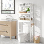 Smiry Over The Toilet Storage Cabinet, 3-Tier Bamboo Bathroom Organizers with Adjustable Shelf & 4 Hooks, Space Saving Shelf Rack for Bathrooms, Laundry Room, Balcony, White