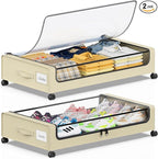 Beborxue Under Bed Storage with Wheels, 2-Pack Under the Bed Storage Containers with Lids, XXL 60L Under Bed Shoes Storage Organizer Bins, Rolling Underbed Storage for Clothes, Shoes, Blankets (Beige)